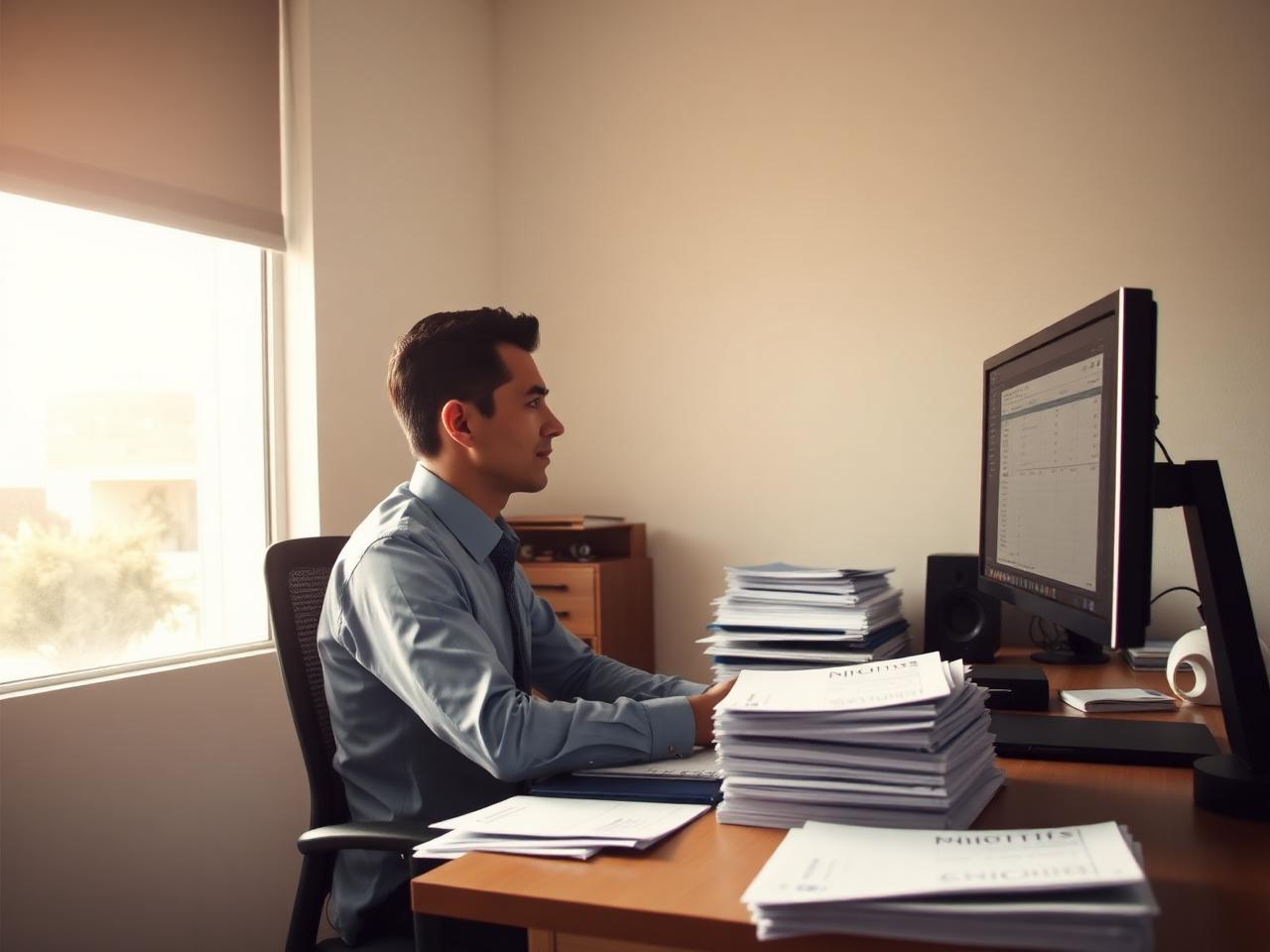 Auxiliar contable cargando facturas y conciliando cuentas en la oficina