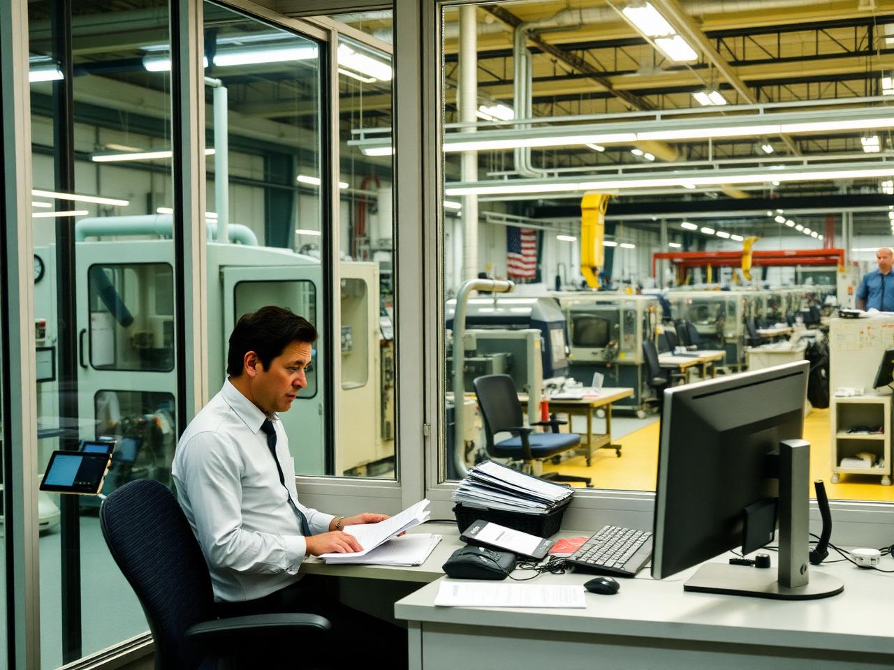 Administrativo de planta revisando partes de producción junto a la línea